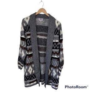 Vintage Southwestern Aztec Tribal Long Line Open Front Knit Cardigan Sweater
